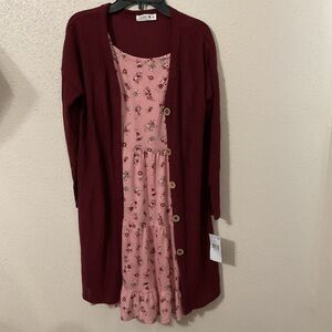 Beautees Pink and Burgundy Big Girls Printed Knit Dress and Cardigan Size 16 NWT